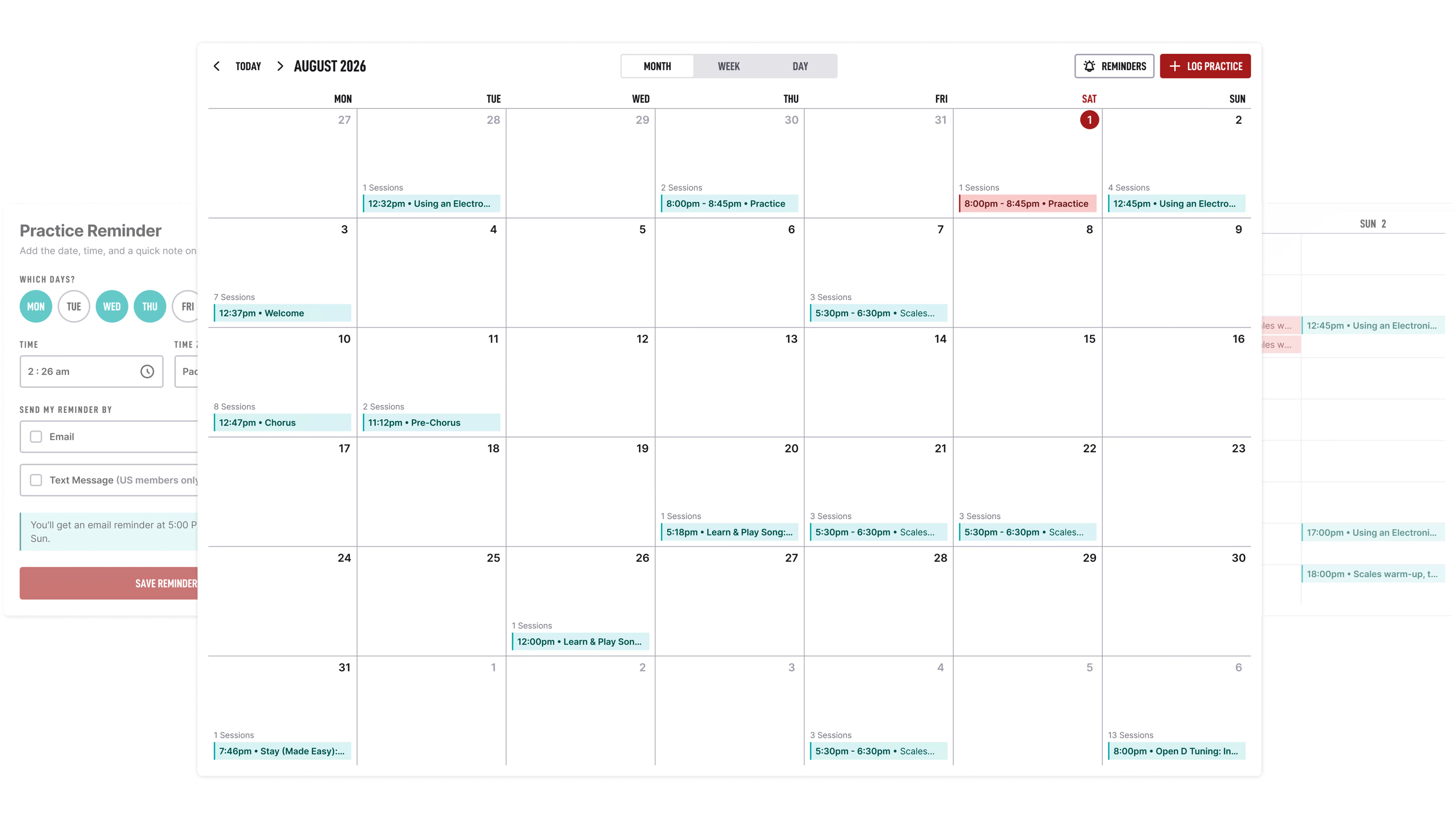 Practice calendar and reminders